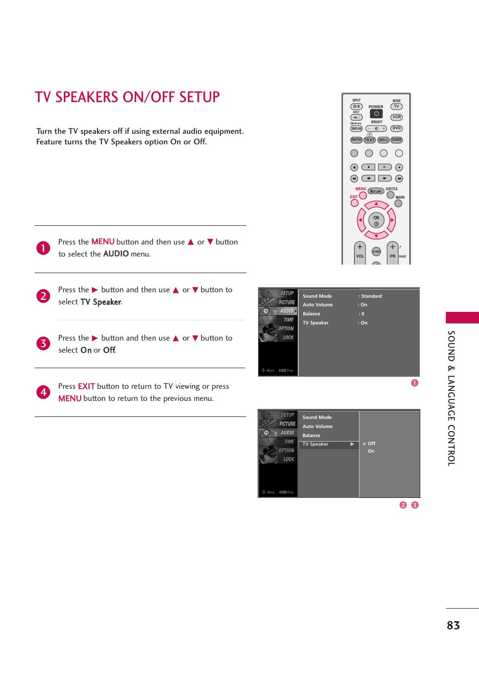 Tv speakers on/off setup, Sound & langu a ge contr ol | LG 42PB4D User Manual | Page 85 / 132