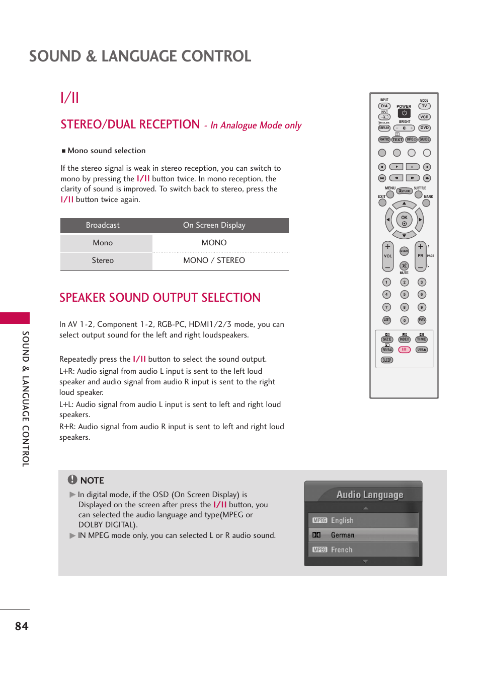 I/ii, Stereo/dual reception - in analogue mode only, Speaker sound output selection | Sound & language control, Stereo/dual reception, Sound & langu a ge contr ol | LG 42PB4D User Manual | Page 86 / 132