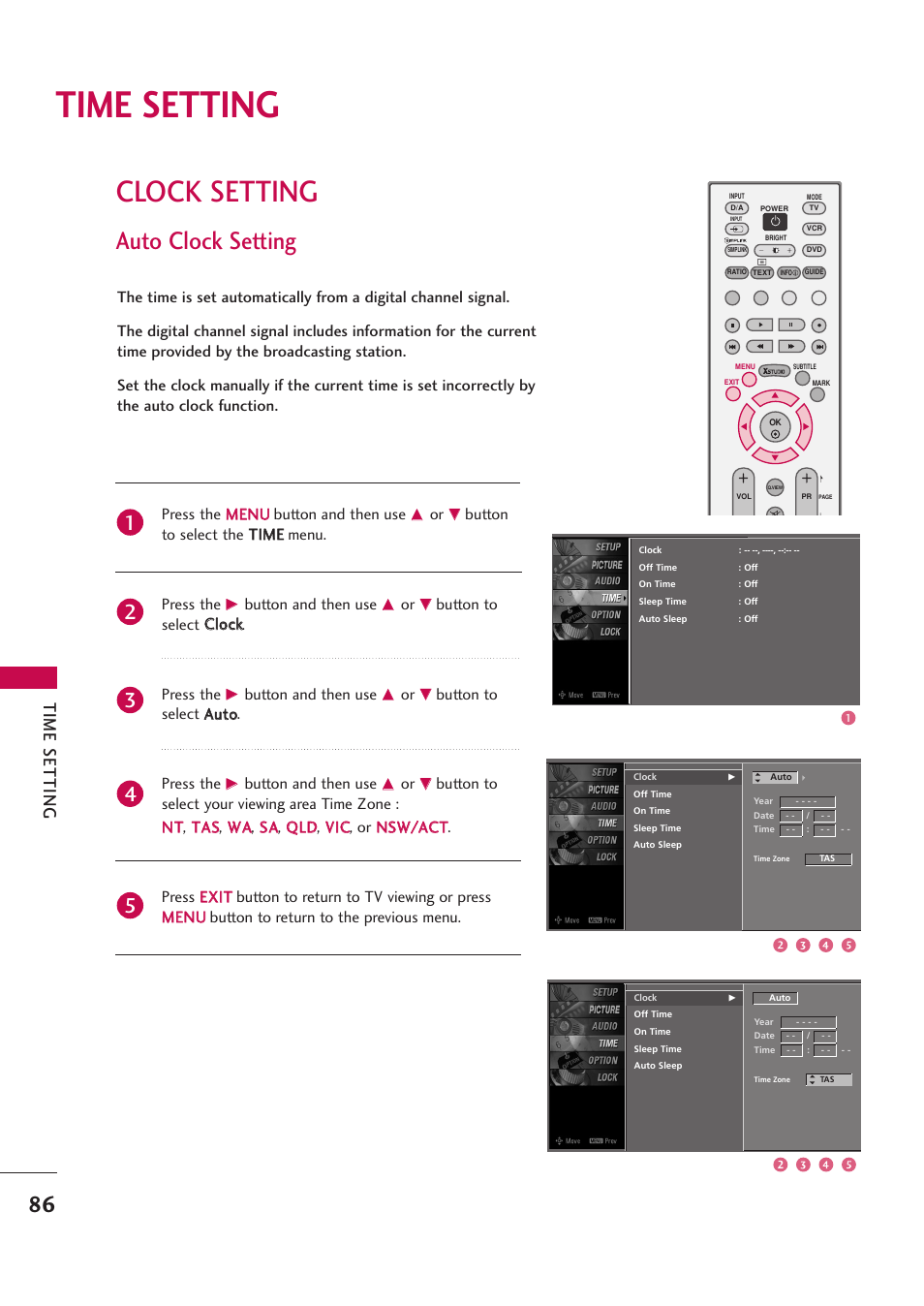 Time setting, Clock setting, Auto clock setting | LG 42PB4D User Manual | Page 88 / 132