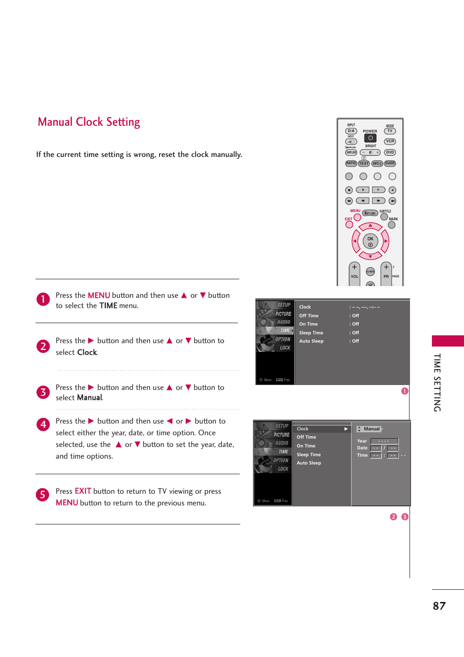 Manual clock setting, Time setting | LG 42PB4D User Manual | Page 89 / 132