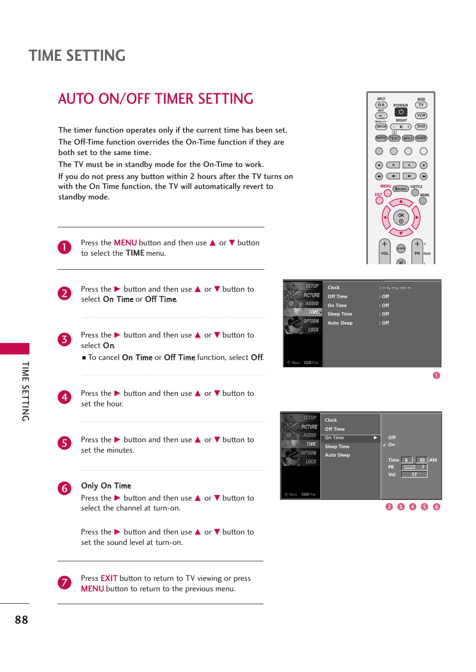 Auto on/off timer setting, Time setting | LG 42PB4D User Manual | Page 90 / 132