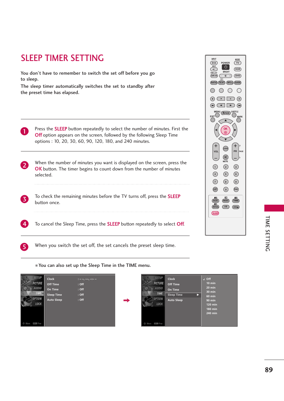 Sleep timer setting, Time setting | LG 42PB4D User Manual | Page 91 / 132