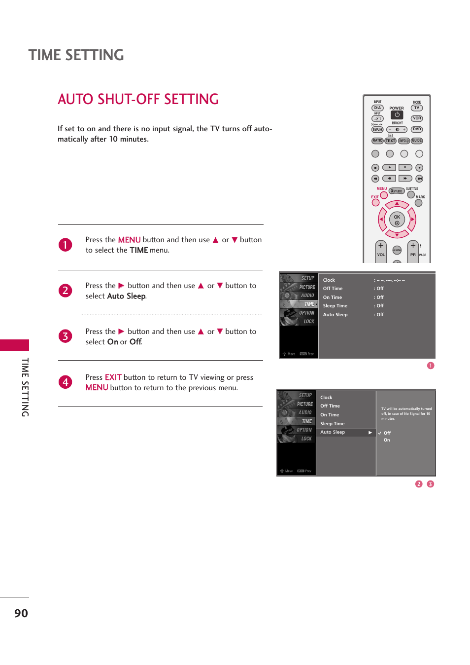 Auto shut-off setting, Time setting | LG 42PB4D User Manual | Page 92 / 132