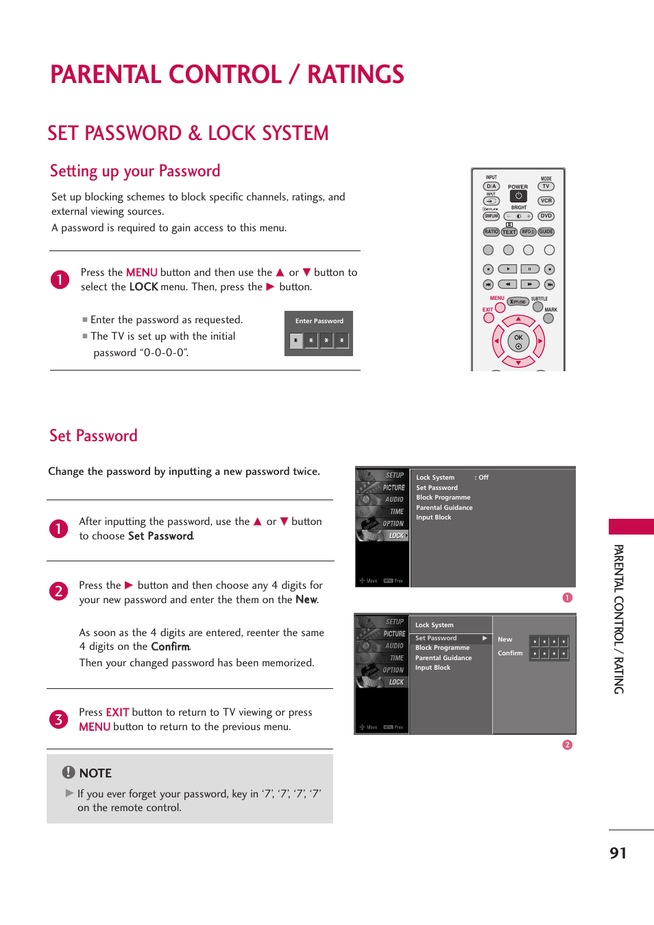 Parental control / ratings, Set password & lock system, Setting up your password | Set password, Pa rent al contr ol / r ating | LG 42PB4D User Manual | Page 93 / 132