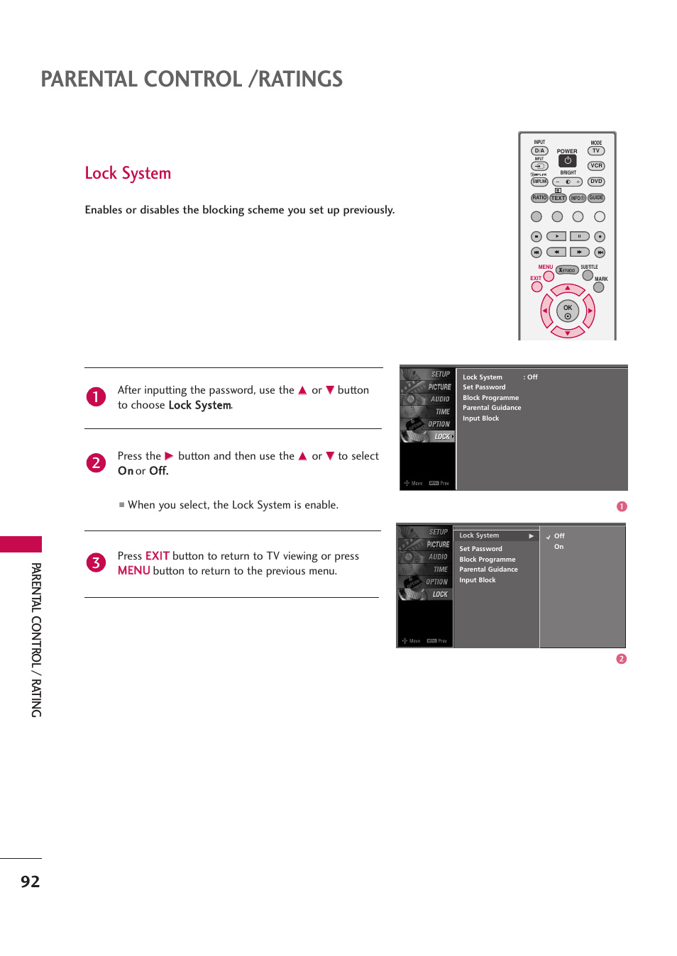 Parental control /ratings, Lock system, Parent al contr ol / r ating | LG 42PB4D User Manual | Page 94 / 132