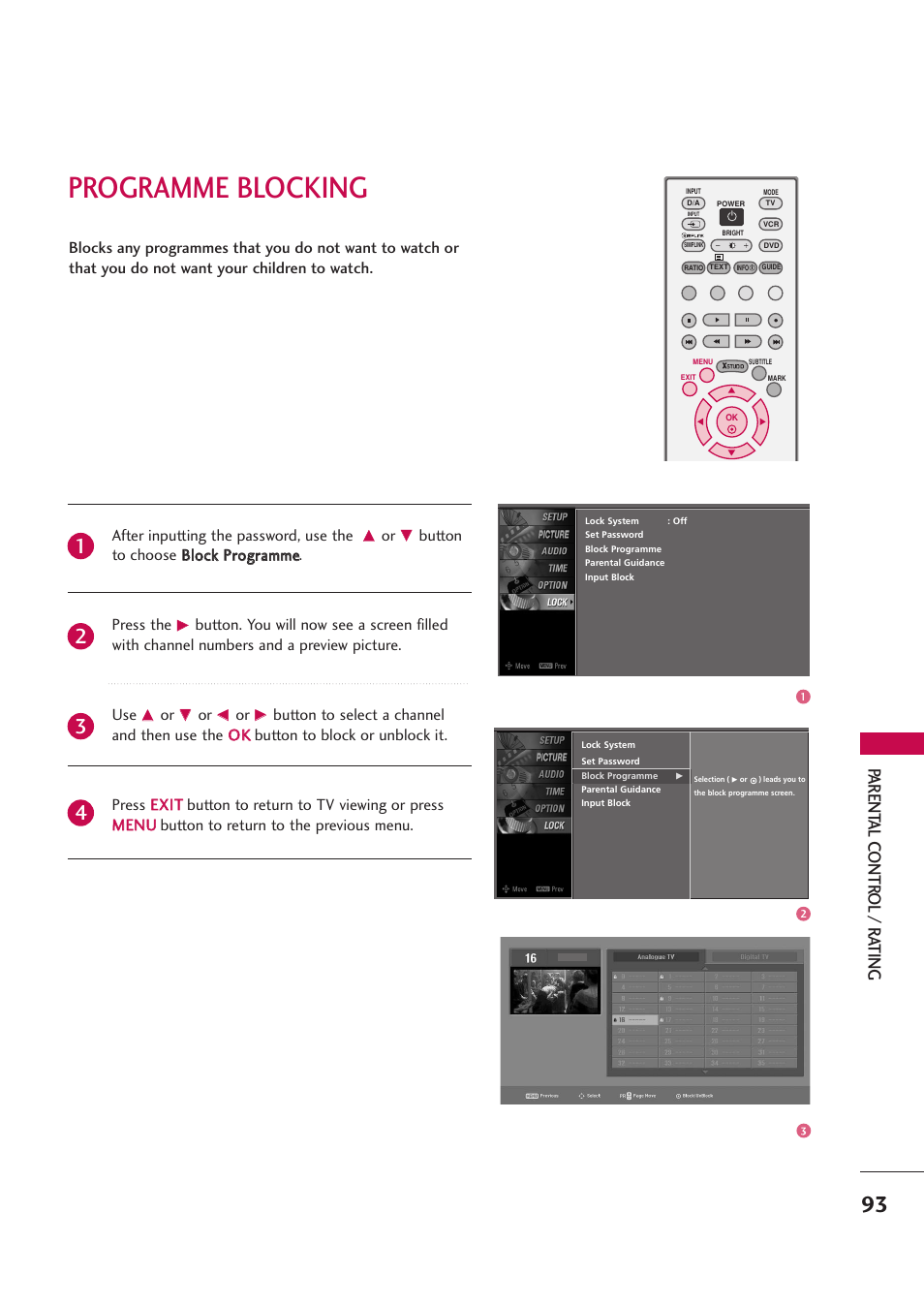 Programme blocking, Pa rent al contr ol / r ating | LG 42PB4D User Manual | Page 95 / 132