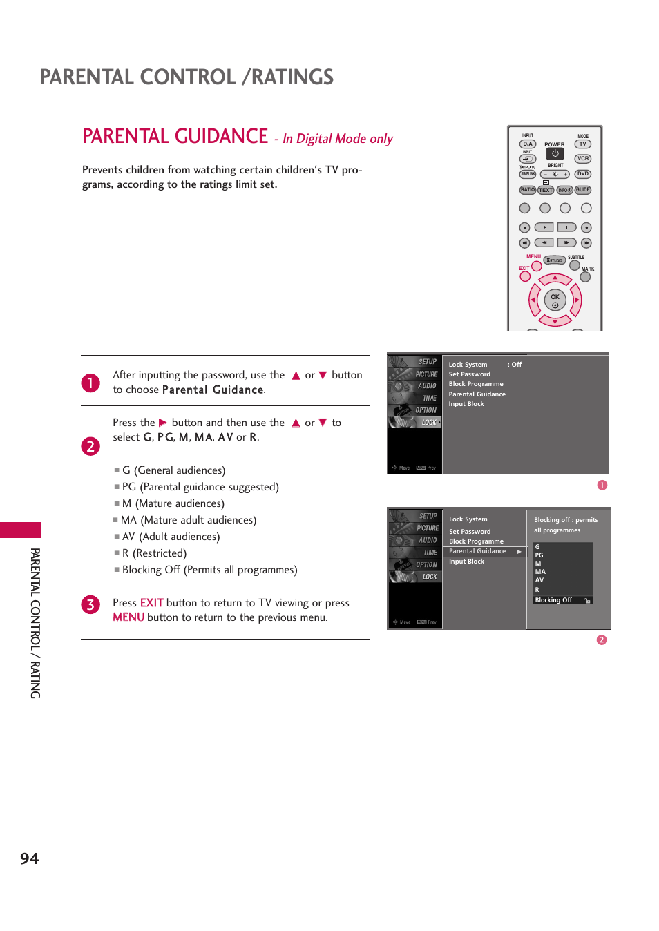 Parental guidance - in digital mode only, Parental control /ratings, Parental guidance | Parent al contr ol / r ating | LG 42PB4D User Manual | Page 96 / 132