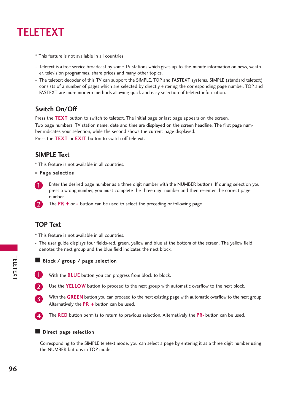 Teletext, Switch on/off, Simple text | Top text, Switch on/off top text | LG 42PB4D User Manual | Page 98 / 132