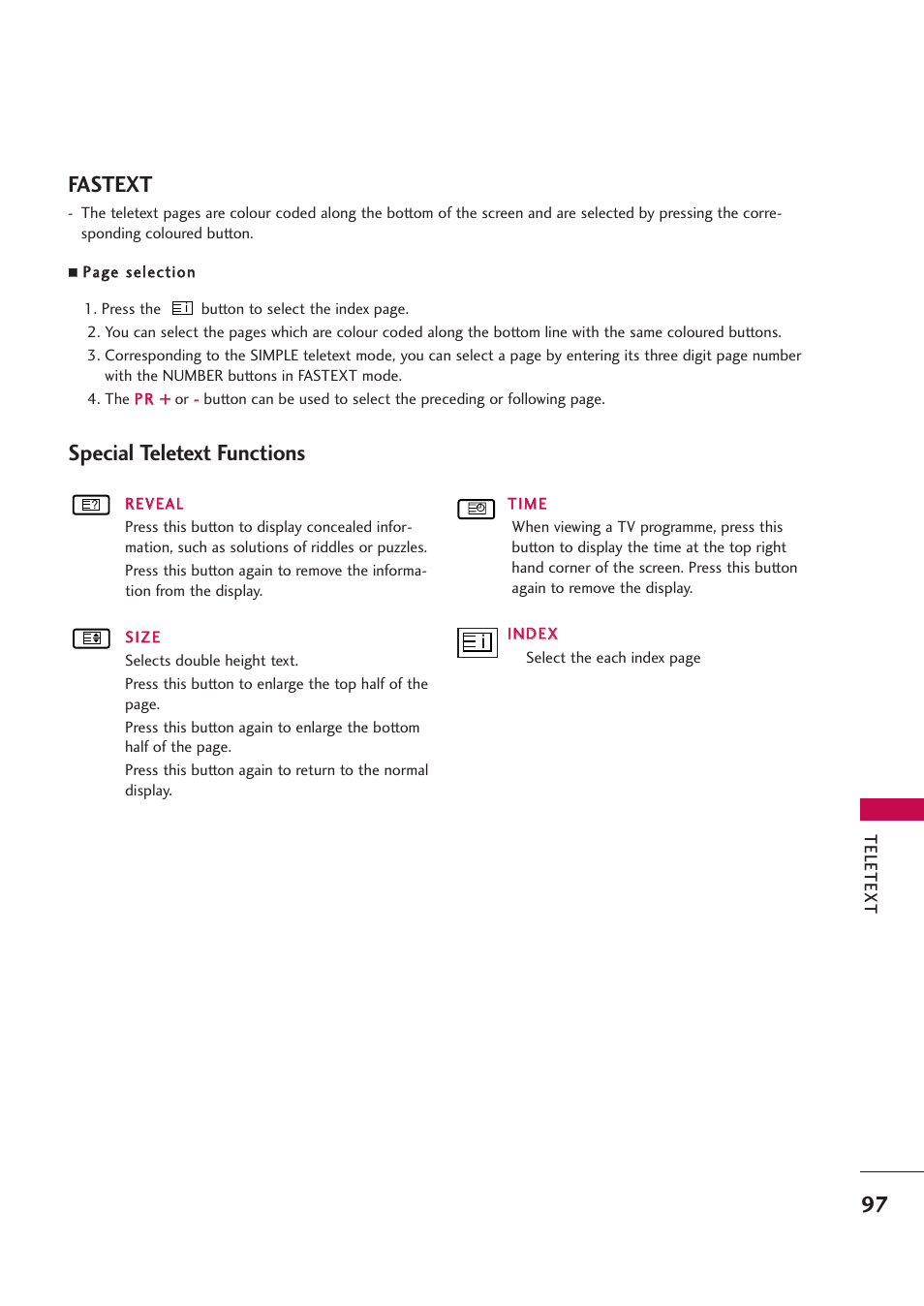 Fastext, Special teletext functions, Fastext special teletext functions | LG 42PB4D User Manual | Page 99 / 132