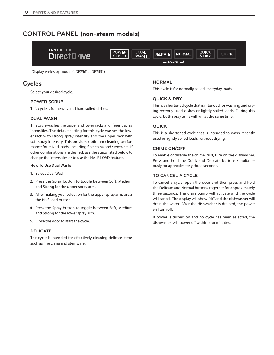 Control panel (non-steam models) cycles | LG LSDF9962ST User Manual | Page 10 / 100