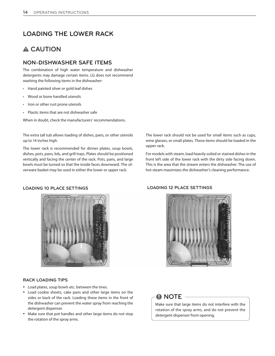 Caution, Loading the lower rack, Non-dishwasher safe items | LG LSDF9962ST User Manual | Page 14 / 100