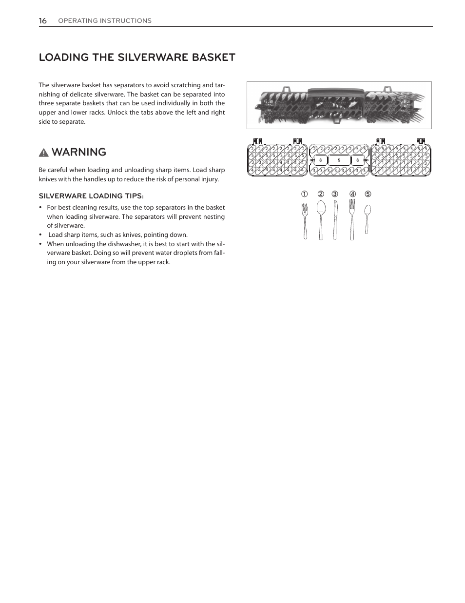 Loading the silverware basket, Warning | LG LSDF9962ST User Manual | Page 16 / 100