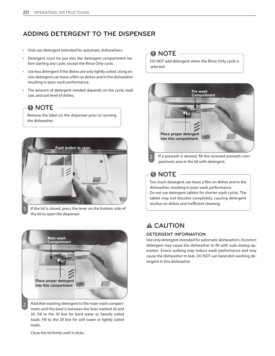 Adding detergent to the dispenser, Caution | LG LSDF9962ST User Manual | Page 20 / 100