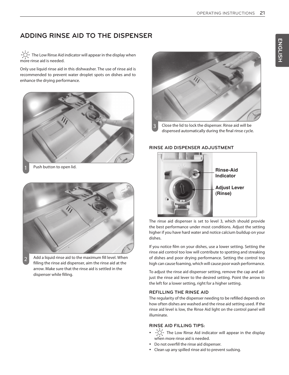 Adding rinse aid to the dispenser | LG LSDF9962ST User Manual | Page 21 / 100