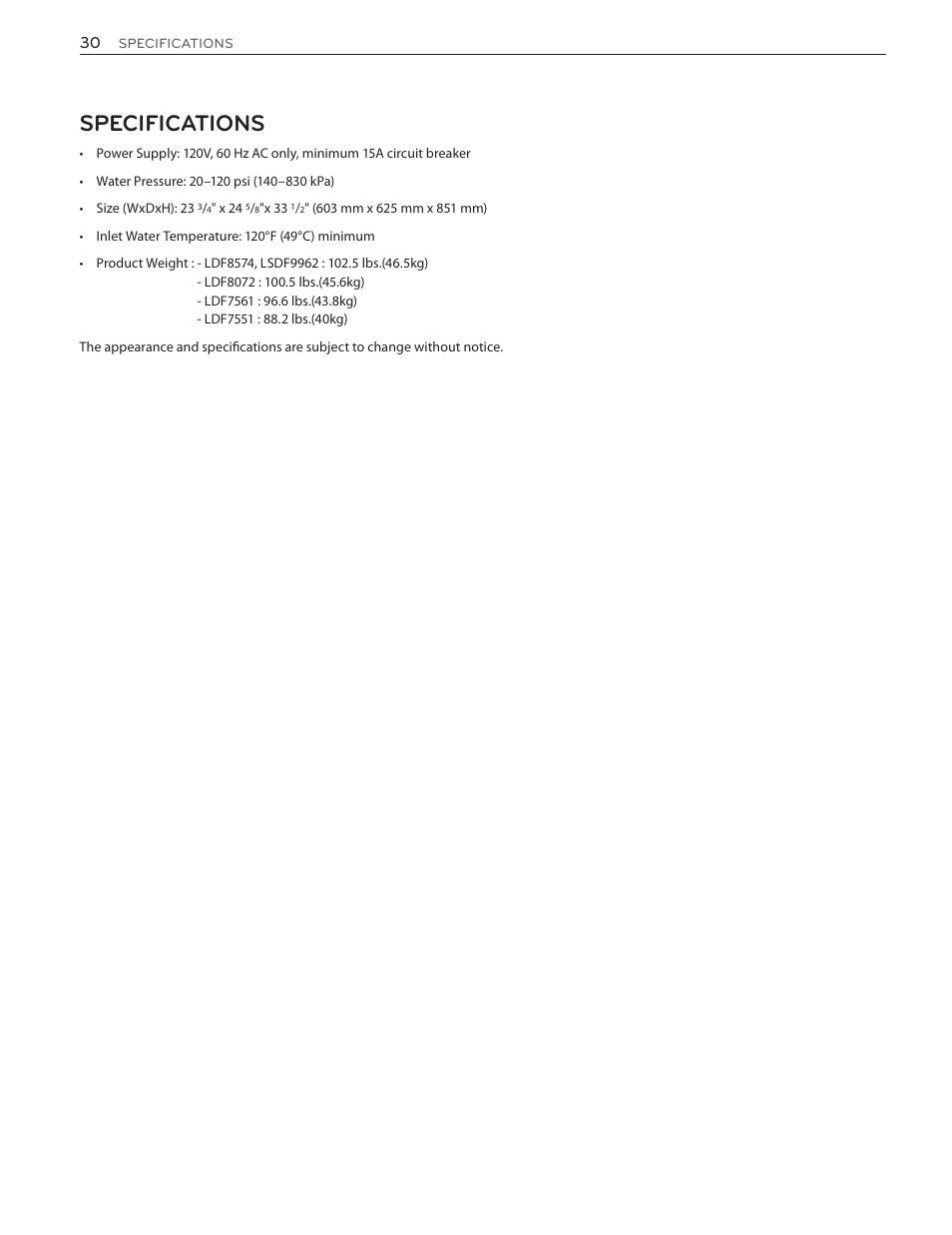 Specifications | LG LSDF9962ST User Manual | Page 30 / 100