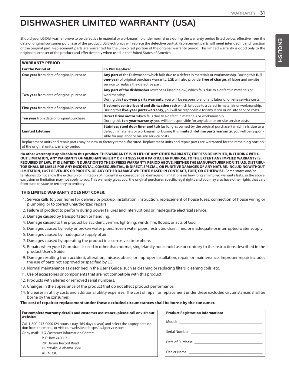 Dishwasher limited warranty (usa), English | LG LSDF9962ST User Manual | Page 31 / 100