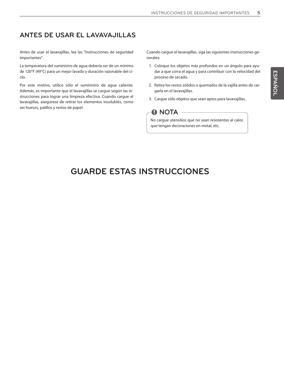 Guarde estas instrucciones, Antes de usar el lavavajillas, Nota | LG LSDF9962ST User Manual | Page 37 / 100