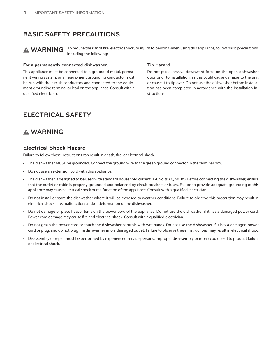 Basic safety precautions, Warning, Electrical safety | Electrical shock hazard | LG LSDF9962ST User Manual | Page 4 / 100