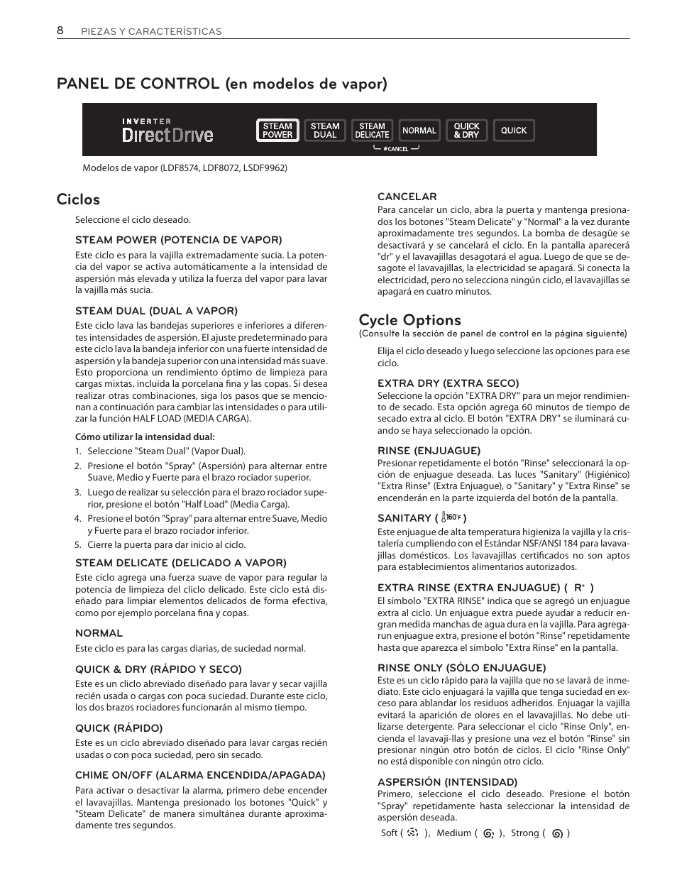 Ciclos, Cycle options, Panel de control (en modelos de vapor) | LG LSDF9962ST User Manual | Page 40 / 100
