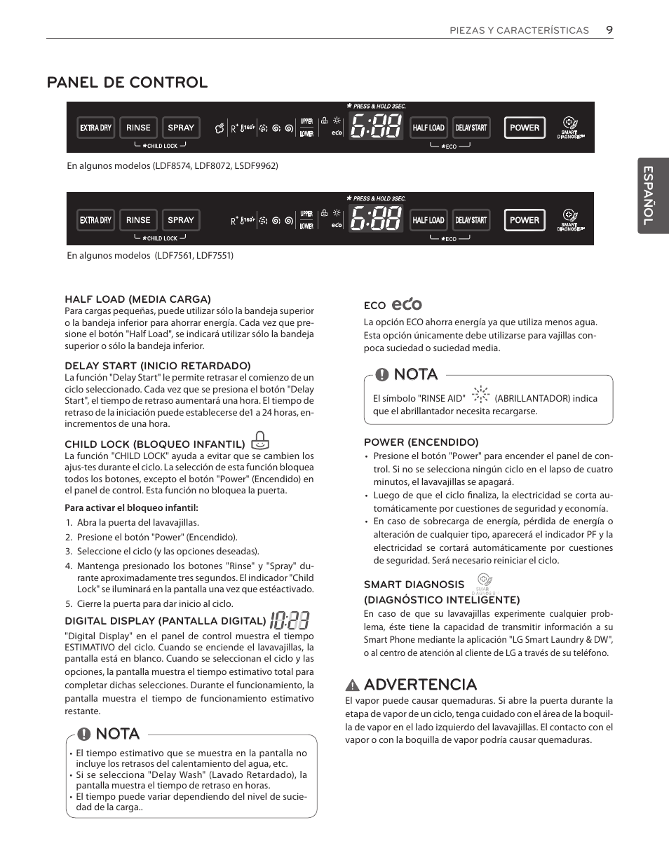 Panel de control, Nota, Advertencia | LG LSDF9962ST User Manual | Page 41 / 100
