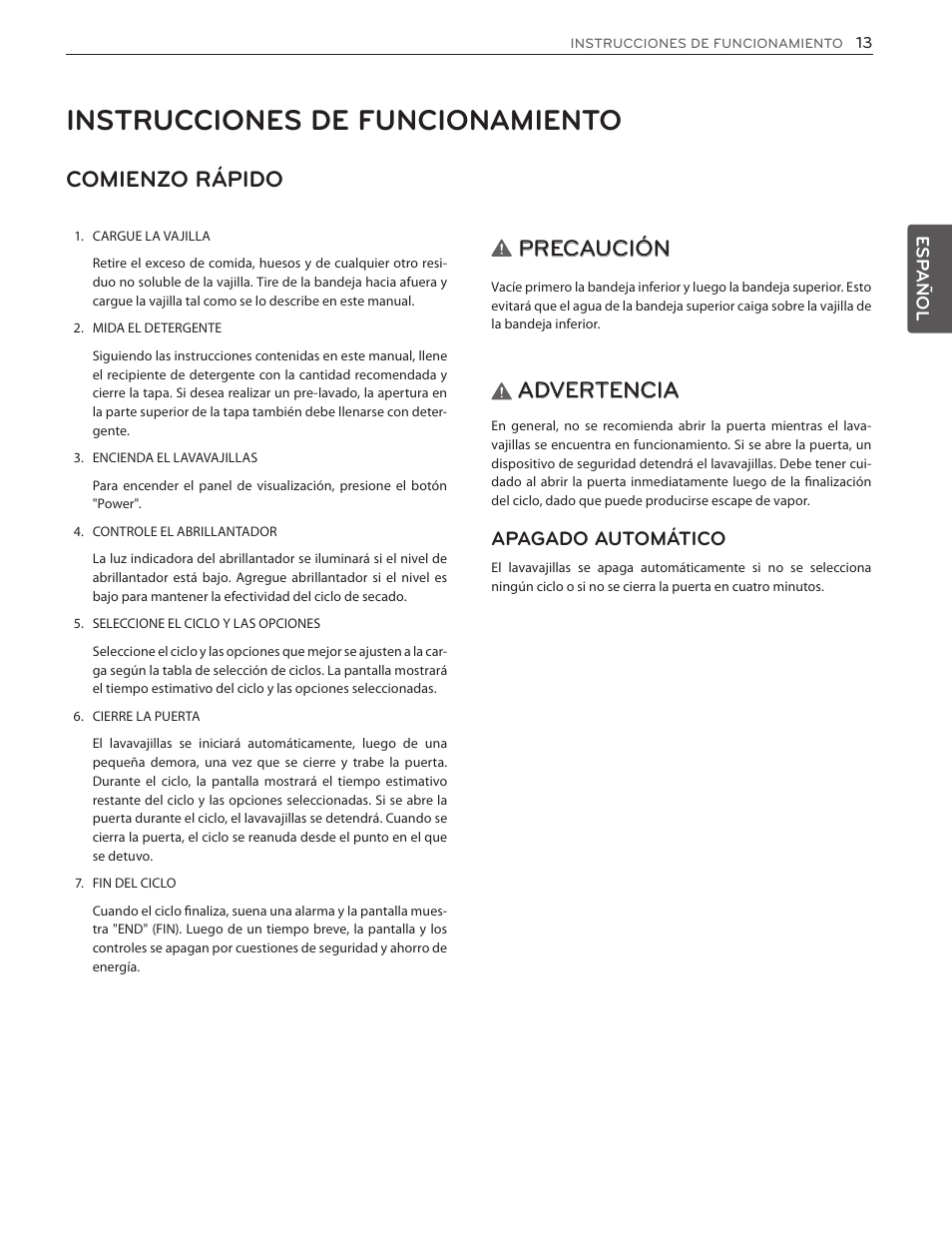 Instrucciones de funcionamiento, Comienzo rápido, Precaución | Advertencia, Apagado automático | LG LSDF9962ST User Manual | Page 45 / 100