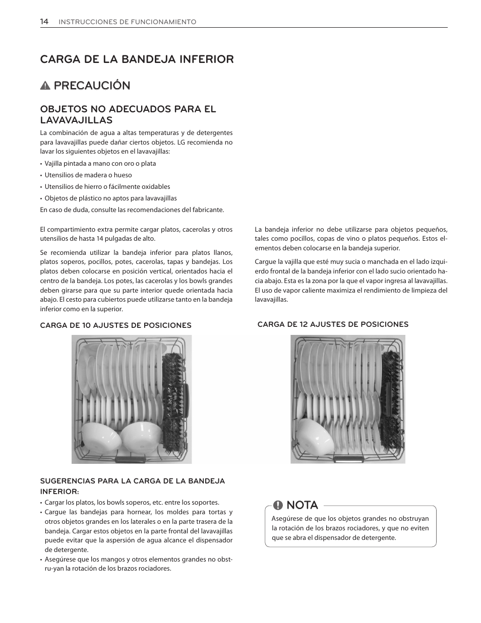 Precaución, Carga de la bandeja inferior, Nota | Objetos no adecuados para el lavavajillas | LG LSDF9962ST User Manual | Page 46 / 100
