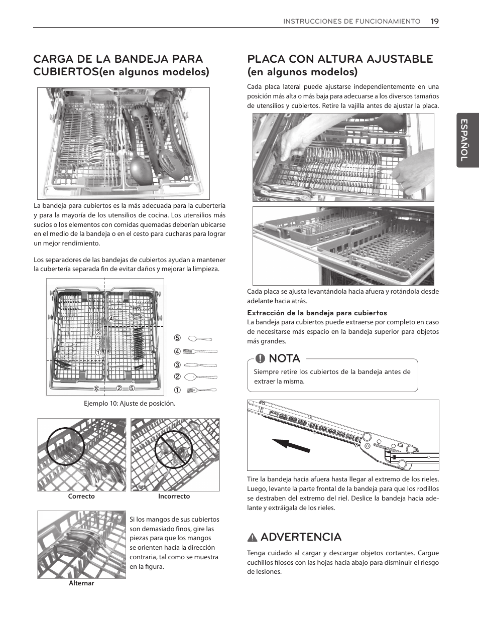 Placa con altura ajustable (en algunos modelos), Nota, Advertencia | LG LSDF9962ST User Manual | Page 51 / 100