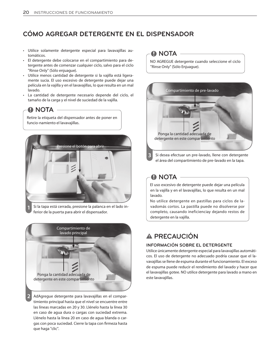 Cómo agregar detergente en el dispensador, Precaución, Nota | LG LSDF9962ST User Manual | Page 52 / 100