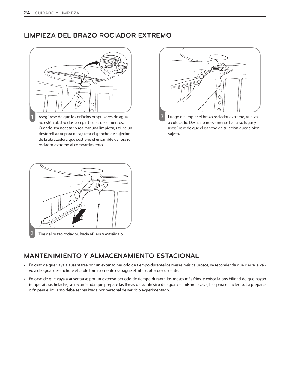 Limpieza del brazo rociador extremo, Mantenimiento y almacenamiento estacional | LG LSDF9962ST User Manual | Page 56 / 100