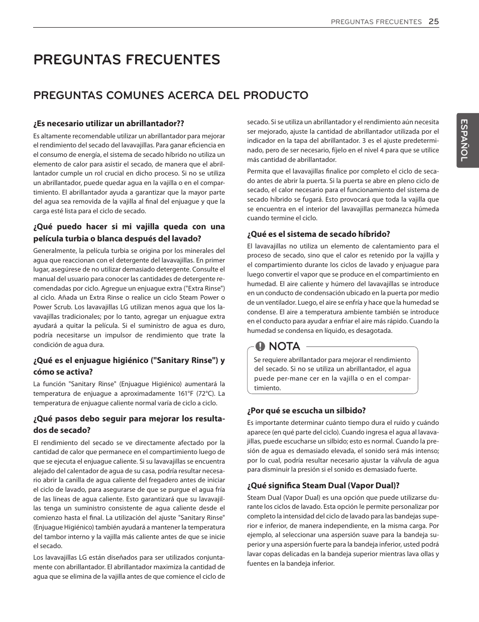 Preguntas frecuentes, Preguntas comunes acerca del producto, Nota | LG LSDF9962ST User Manual | Page 57 / 100