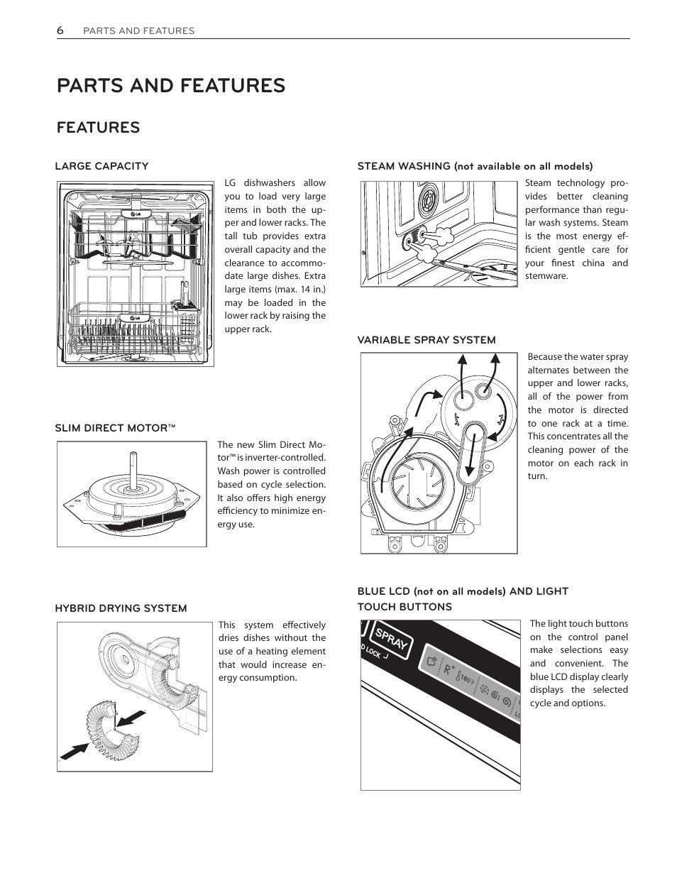 Parts and features, Features | LG LSDF9962ST User Manual | Page 6 / 100