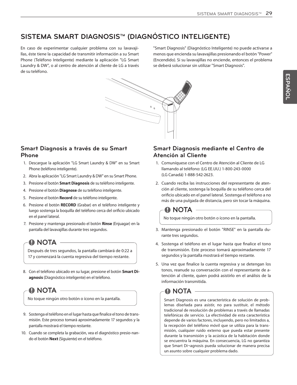 Sistema smart diagnosis™ (diagnóstico inteligente), Nota, Smart diagnosis a través de su smart phone | LG LSDF9962ST User Manual | Page 61 / 100