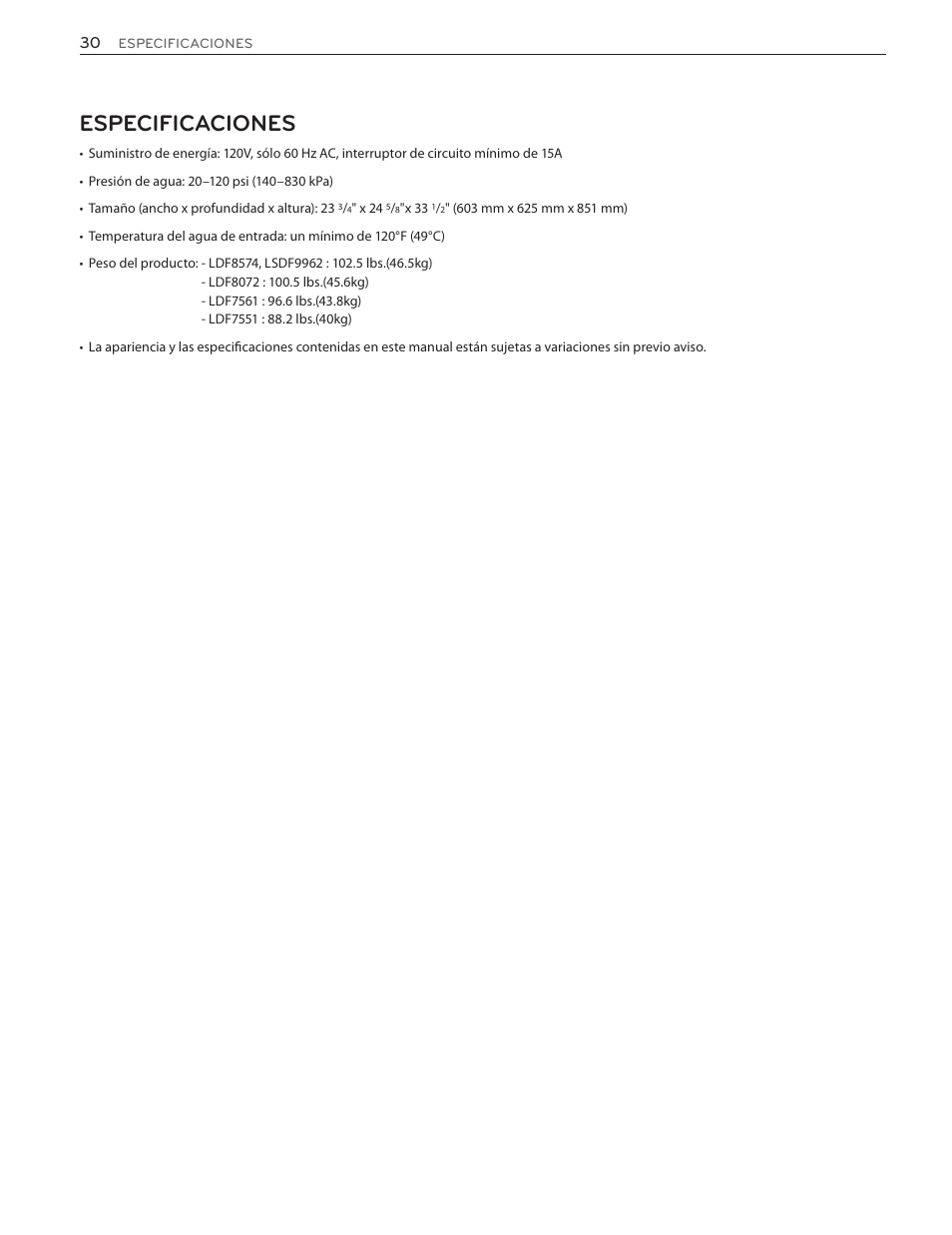 Especificaciones | LG LSDF9962ST User Manual | Page 62 / 100