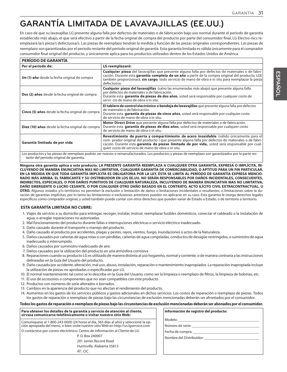 Garantía limitada de lavavajillas (ee.uu.), Esp añol | LG LSDF9962ST User Manual | Page 63 / 100