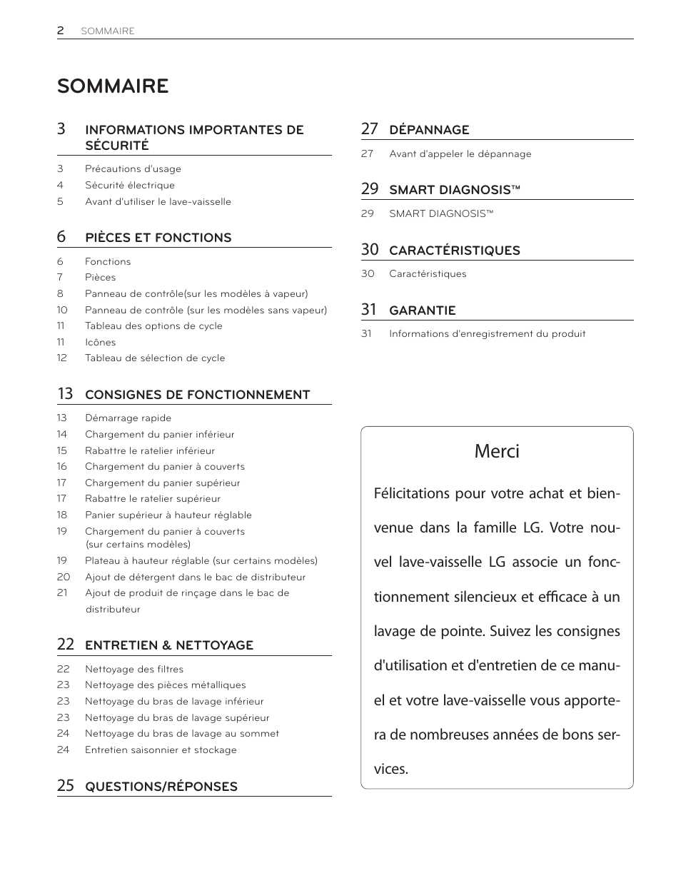 Sommaire, Merci | LG LSDF9962ST User Manual | Page 66 / 100