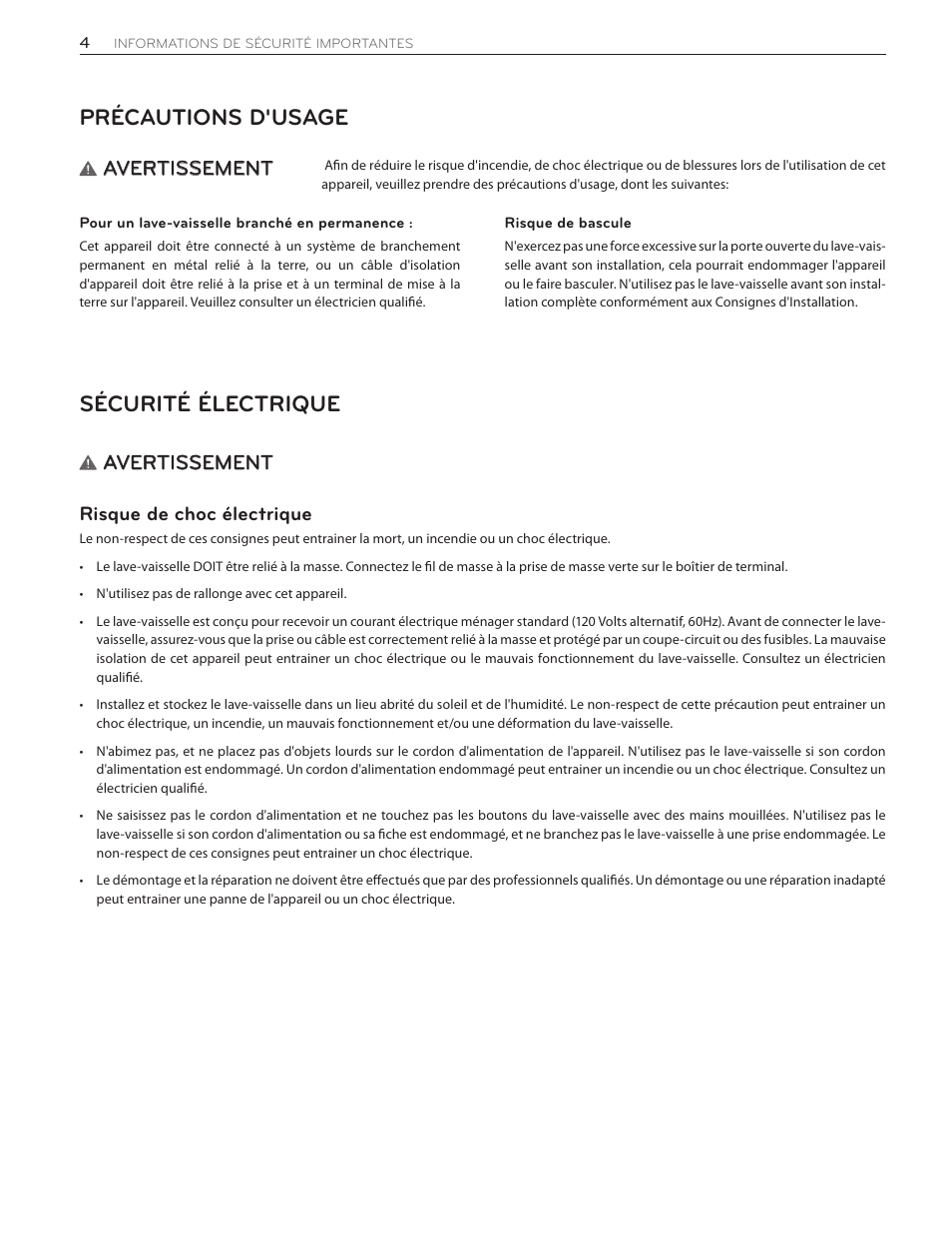 Précautions d'usage, Sécurité électrique, Avertissement | Risque de choc électrique | LG LSDF9962ST User Manual | Page 68 / 100