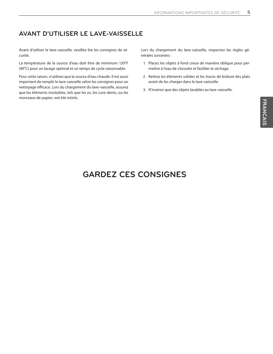 Gardez ces consignes, Avant d'utiliser le lave-vaisselle | LG LSDF9962ST User Manual | Page 69 / 100