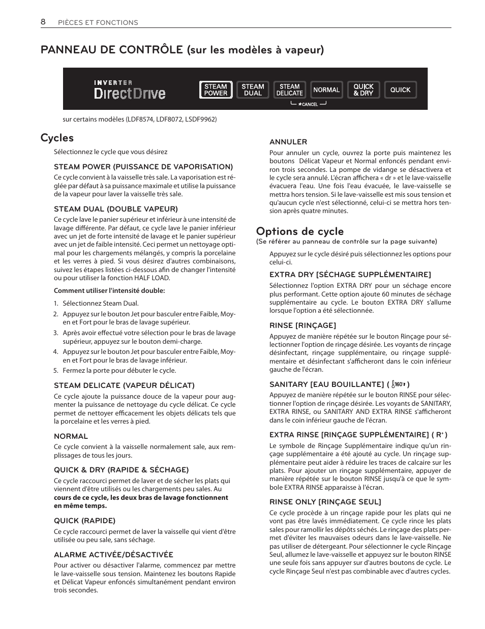 Options de cycle | LG LSDF9962ST User Manual | Page 72 / 100