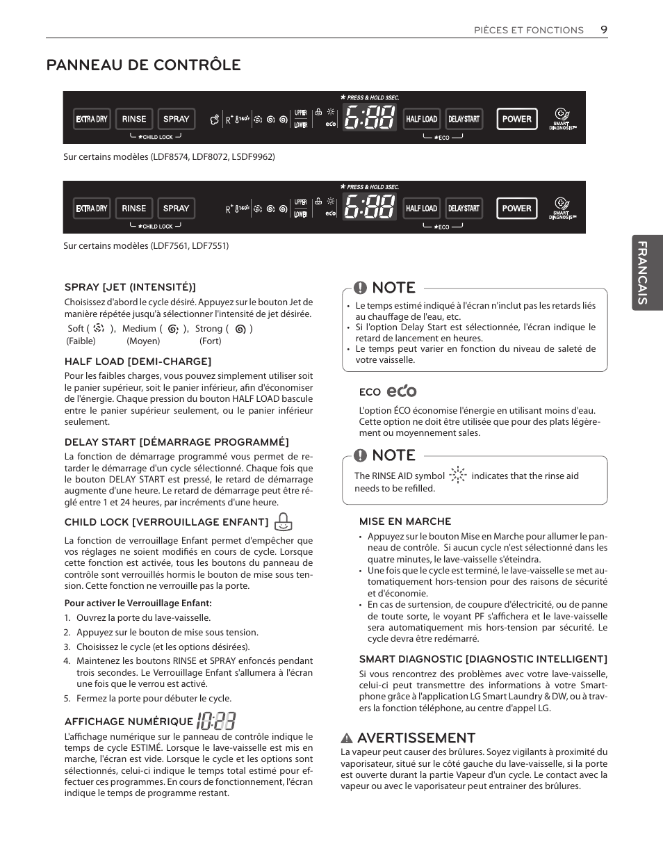 Panneau de contrôle, Avertissement | LG LSDF9962ST User Manual | Page 73 / 100