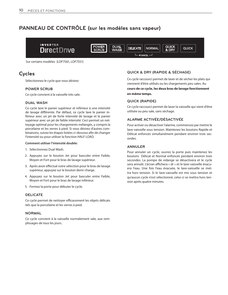 Panneau de contrôle (sur les modèles sans vapeur), Cycles | LG LSDF9962ST User Manual | Page 74 / 100