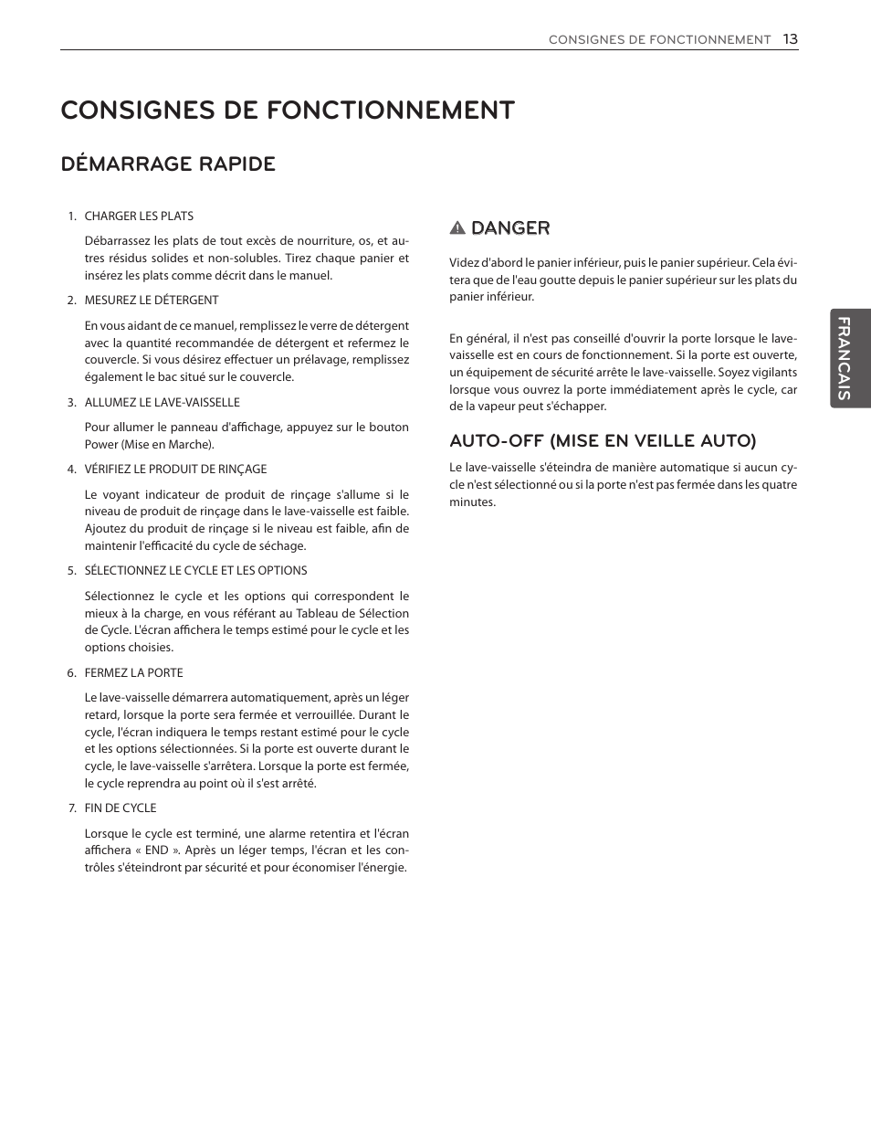 Consignes de fonctionnement, Démarrage rapide, Danger | Auto-off (mise en veille auto) | LG LSDF9962ST User Manual | Page 77 / 100
