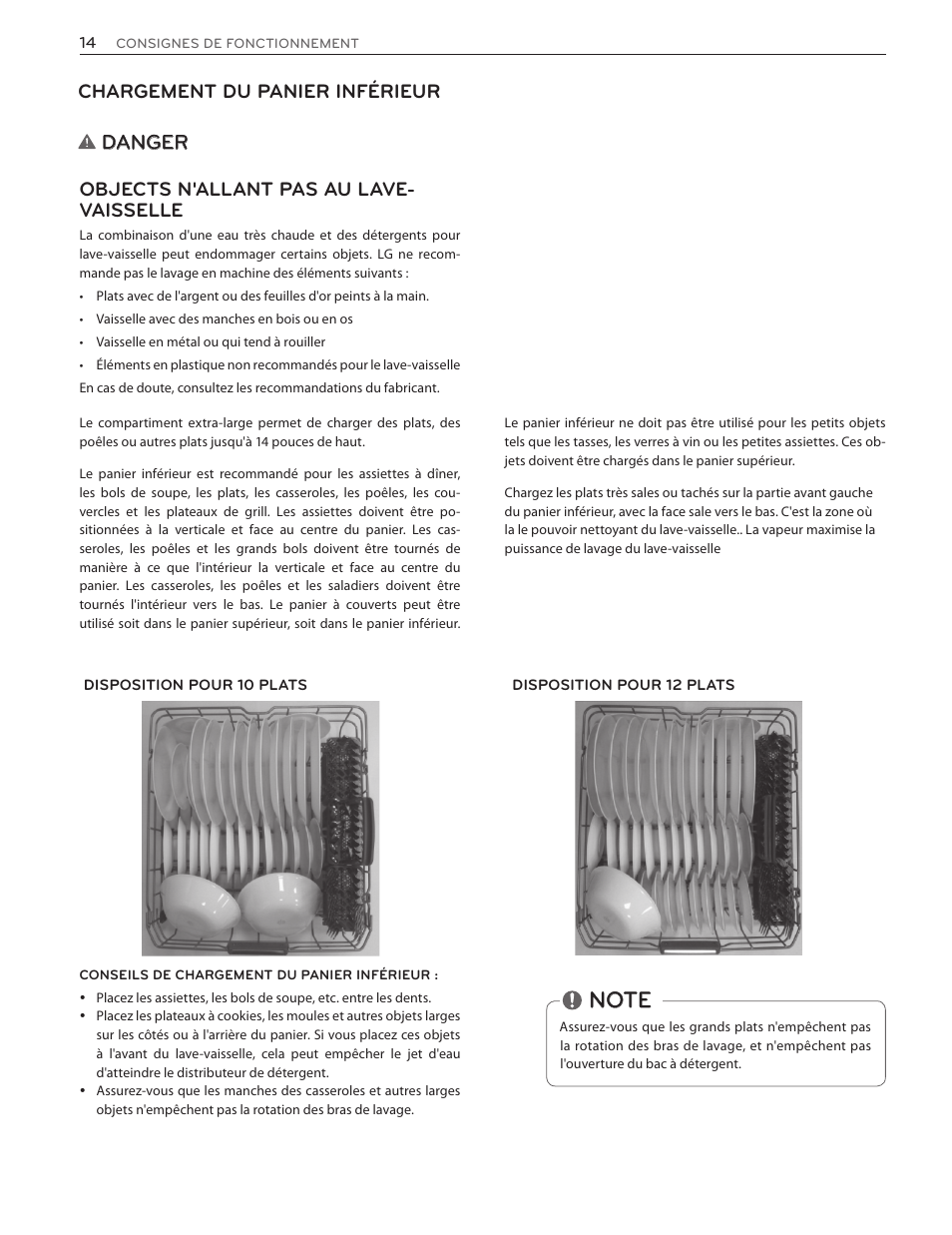 Danger, Objects n'allant pas au lave- vaisselle, Chargement du panier inférieur | LG LSDF9962ST User Manual | Page 78 / 100