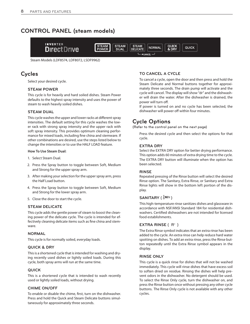 Control panel (steam models) cycles, Cycle options | LG LSDF9962ST User Manual | Page 8 / 100