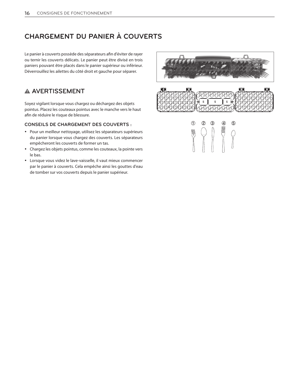 Chargement du panier à couverts, Avertissement | LG LSDF9962ST User Manual | Page 80 / 100