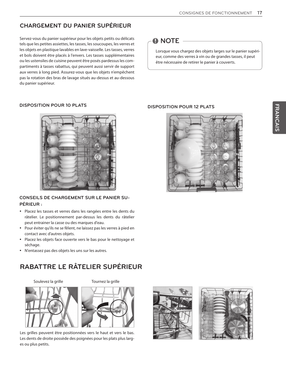 Rabattre le râtelier supérieur, Chargement du panier supérieur | LG LSDF9962ST User Manual | Page 81 / 100