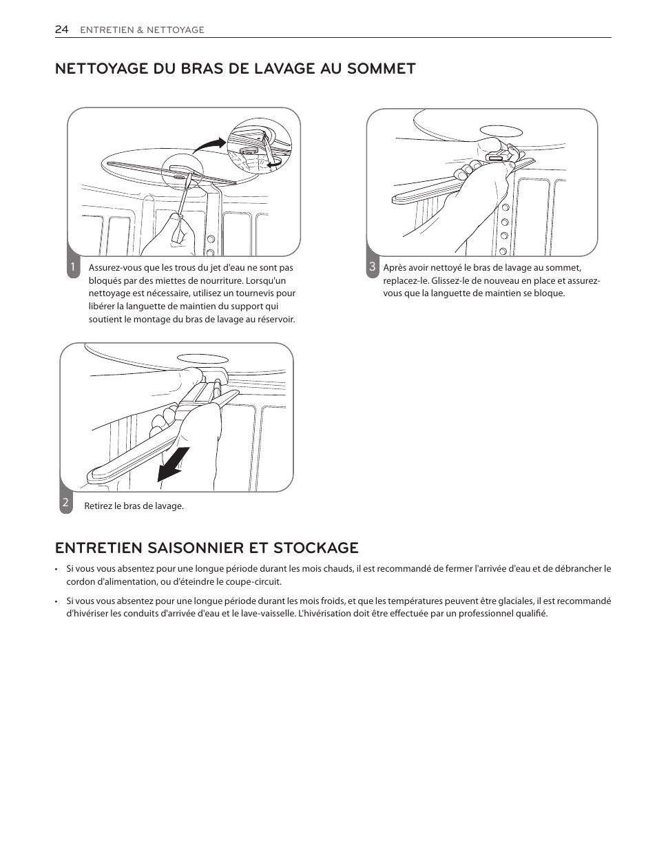 Nettoyage du bras de lavage au sommet, Entretien saisonnier et stockage | LG LSDF9962ST User Manual | Page 88 / 100