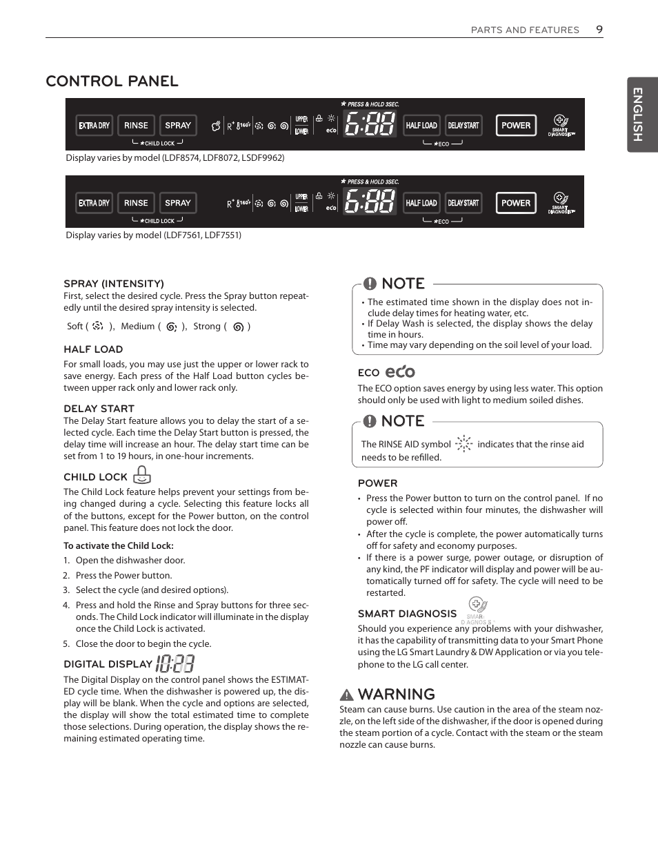 Control panel, Warning | LG LSDF9962ST User Manual | Page 9 / 100