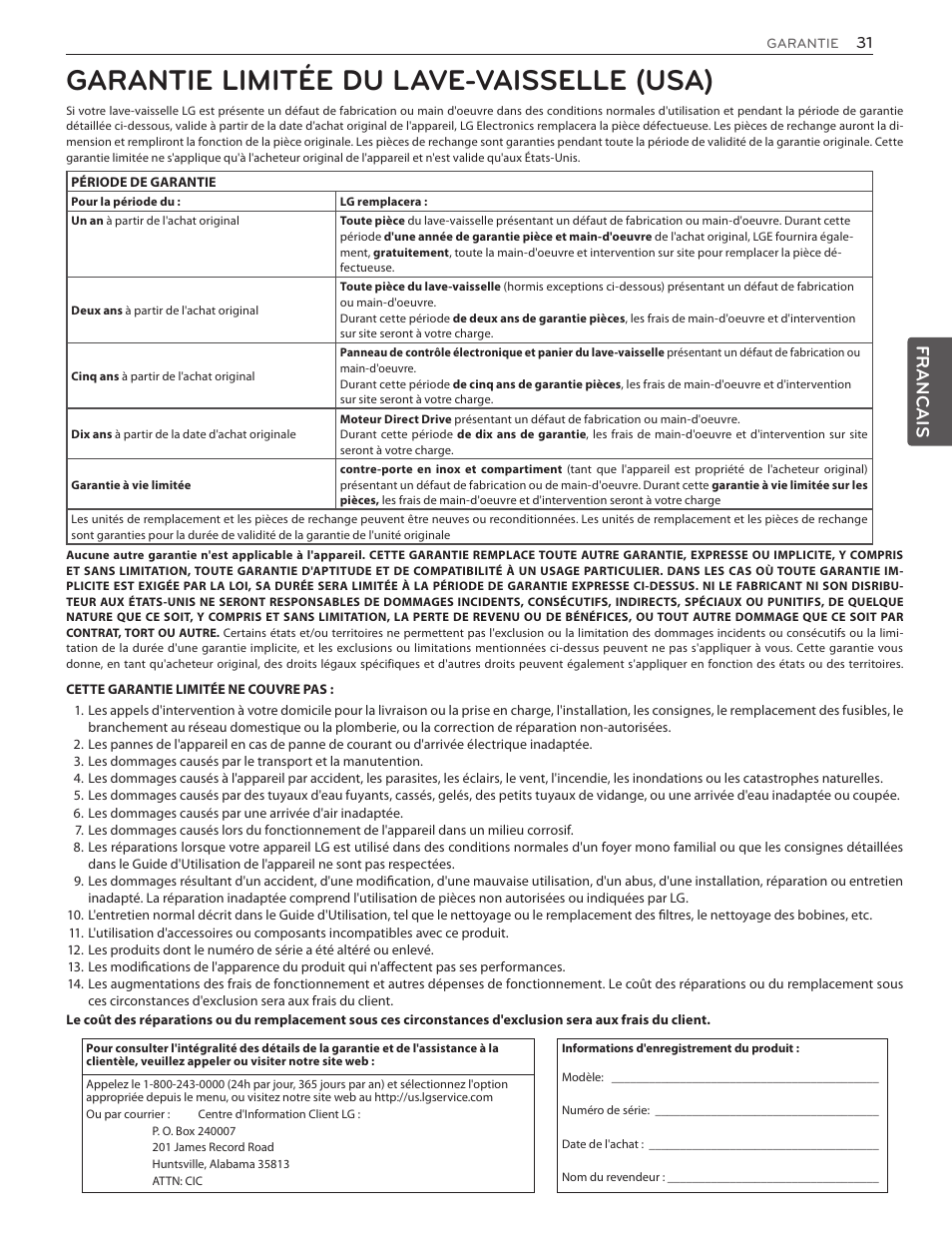 Garantie limitée du lave-vaisselle (usa), Francais | LG LSDF9962ST User Manual | Page 95 / 100