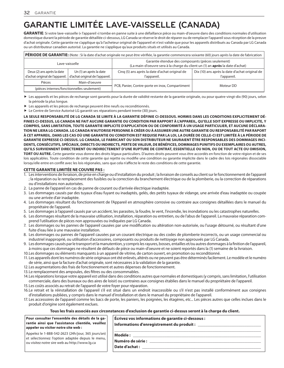 Garantie limitée lave-vaisselle (canada) | LG LSDF9962ST User Manual | Page 96 / 100