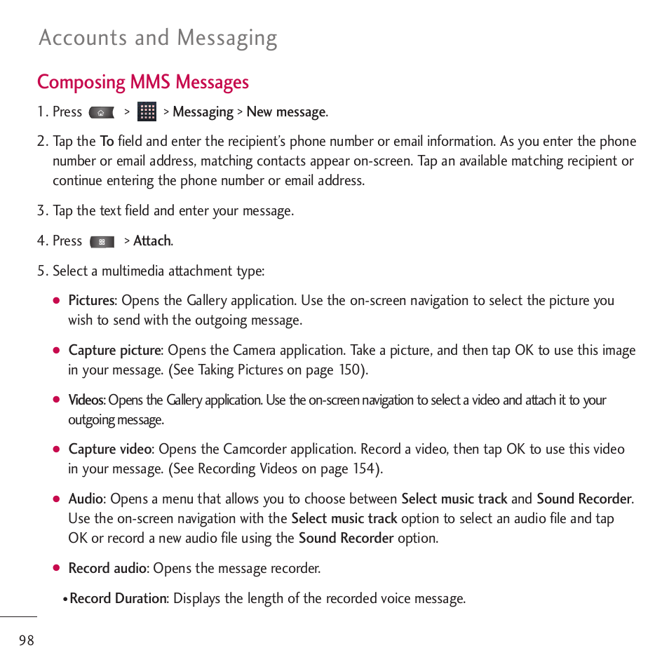 Accounts and messaging, Composing mms messages | LG LGVM701 User Manual | Page 100 / 221